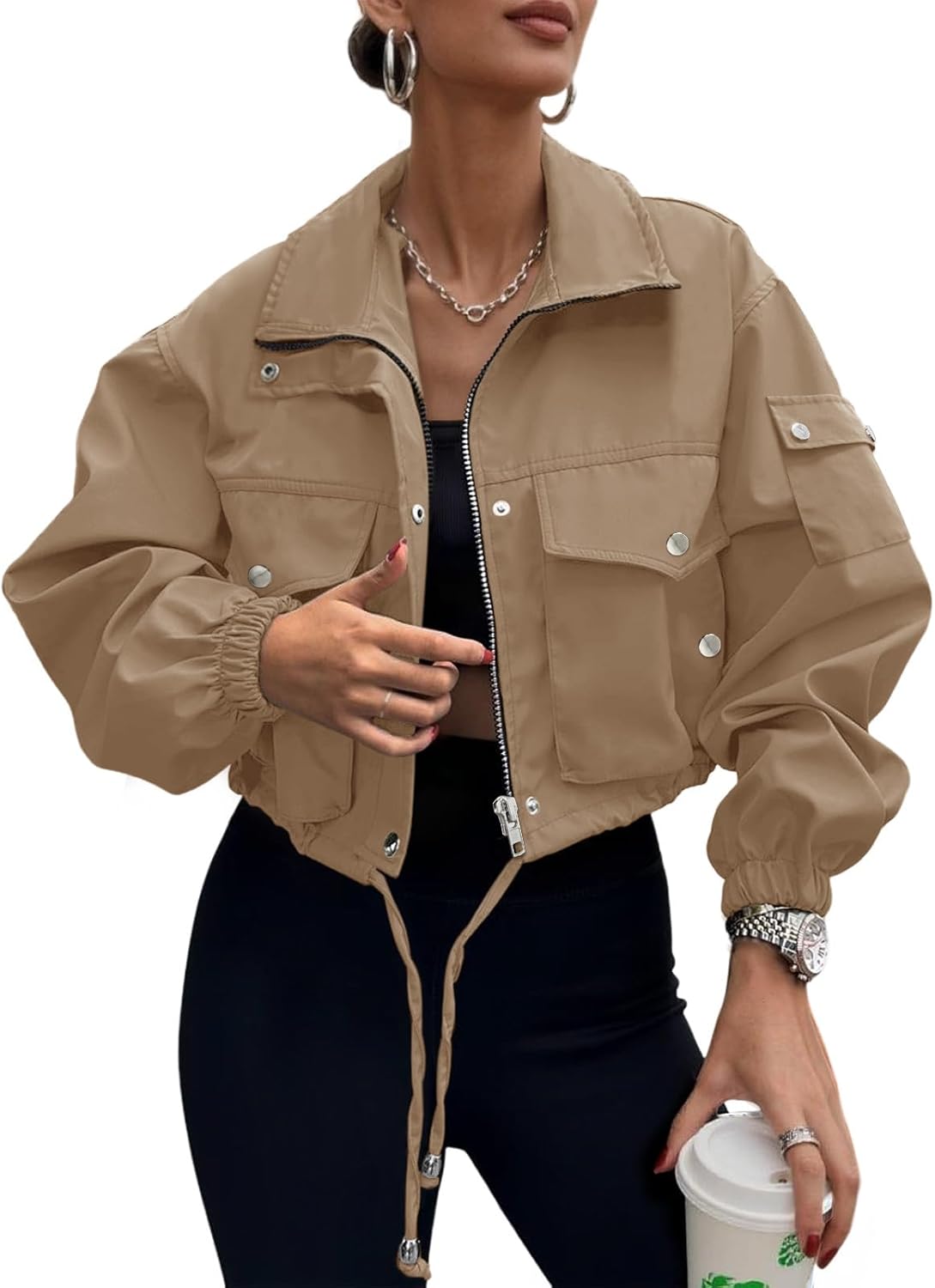 Womens Cropped Bomber Jacket - Trendy Zip Up Utility Coat