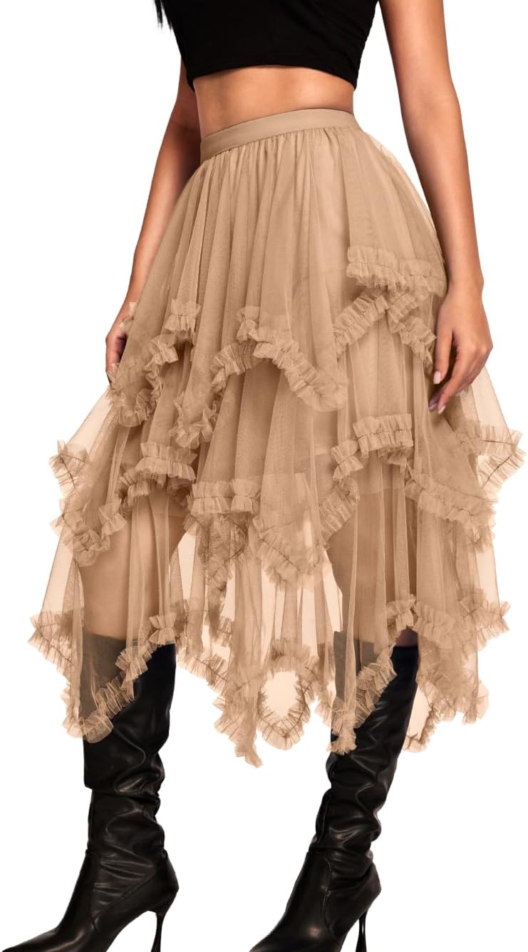 Kaei&Shi Long Tulle Skirt for Women - Asymmetrical Ruffle Design