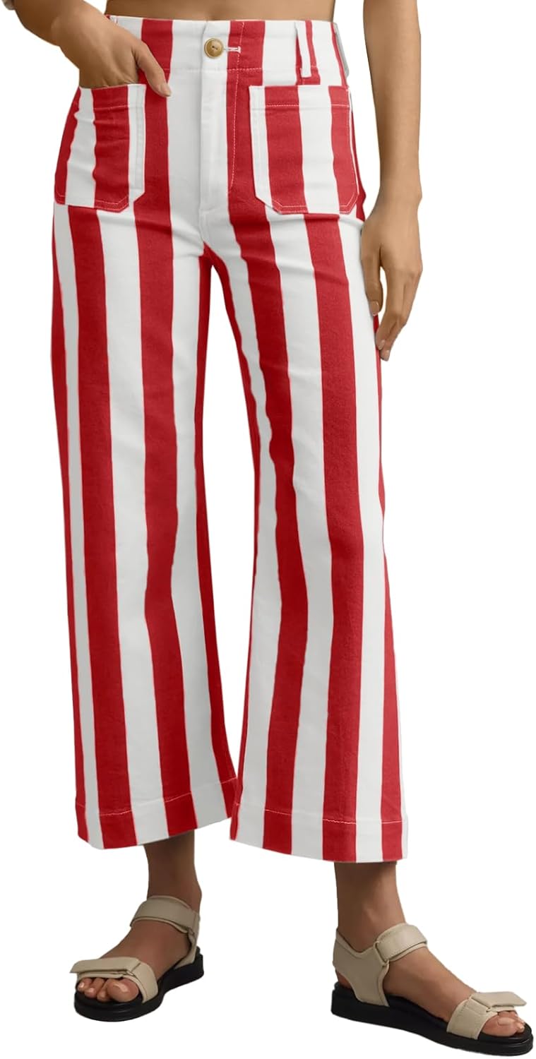 Cropped Striped Jeans for Women - High Waisted Stretchy Denim