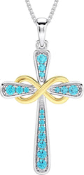 925 Sterling Silver Cross Necklace for Women with Aquamarine