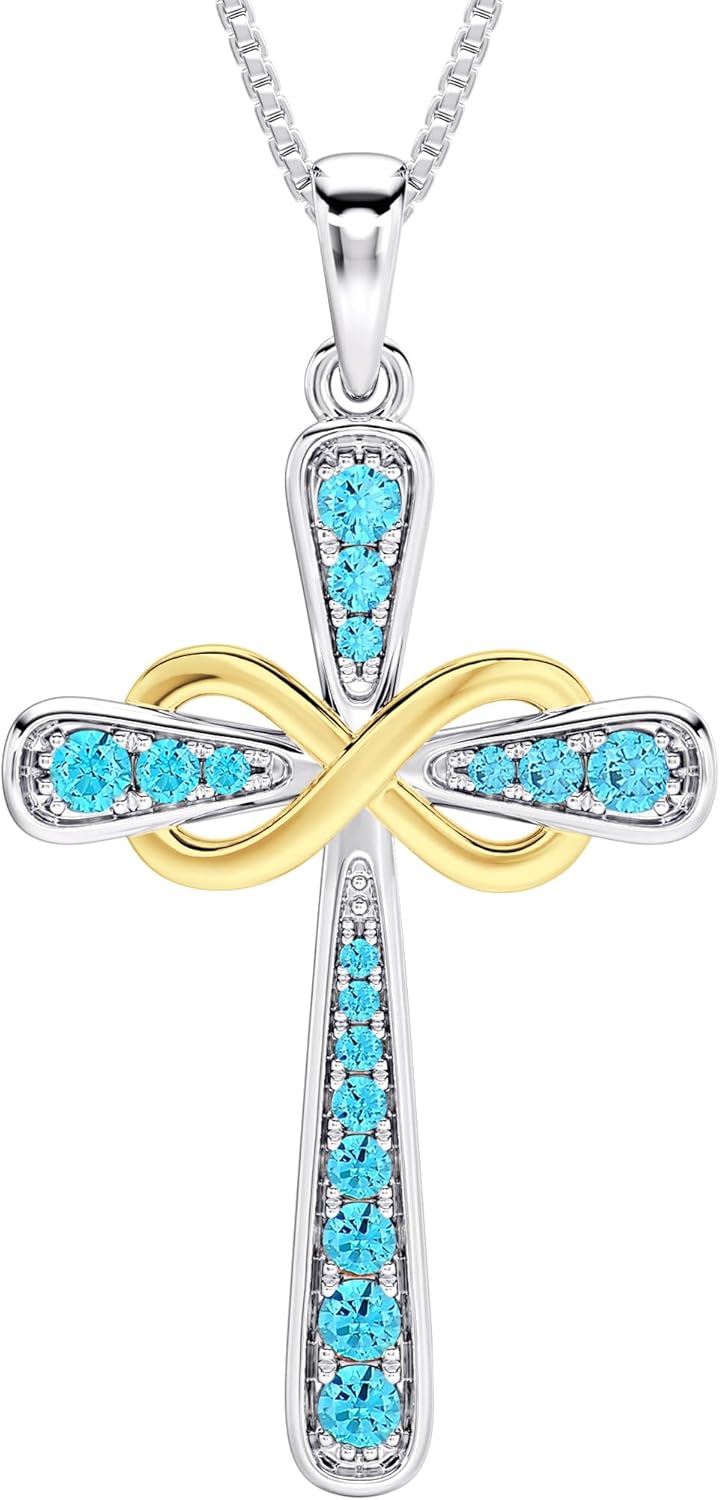 YL 925 Sterling Silver Cross Necklace with Birthstone Pendant