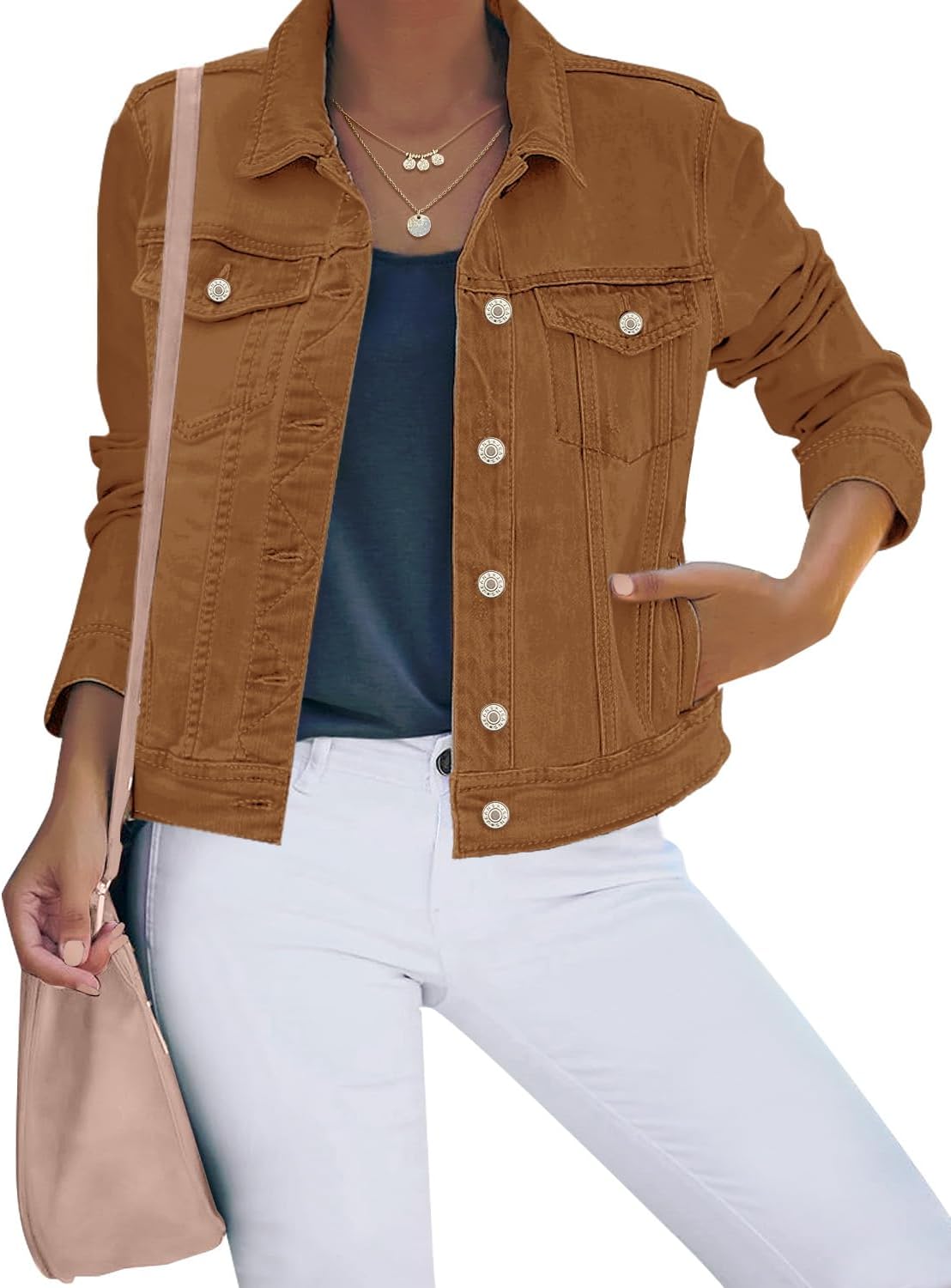 Luvamia Women's Basic Button Down Stretch Fitted Denim Jacket