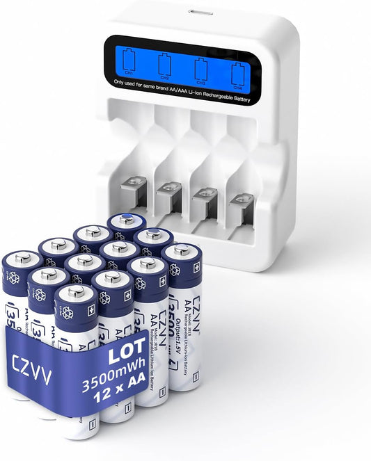 Rechargeable Lithium AA Batteries 12-Pack with Fast Charger