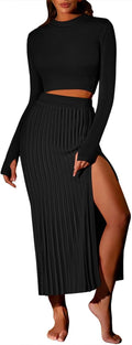 Pink Queen Women's 2 Piece Ribbed Knit Crop Top & Midi Skirt Set