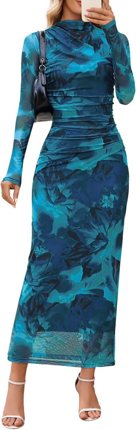 Stylish Bodycon Floral Mesh Maxi Dress for Fall Weddings