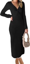 RAISECOM Womens Ribbed Knit Maxi Dress - Slim V Neck Midi