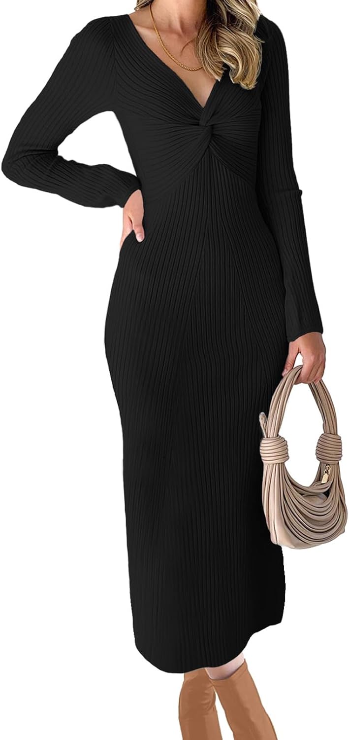 Womens Ribbed Knit Maxi Dresses Long Sleeve V Neck Casual Dress
