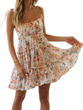 Floral Mini Dress for Women - Boho Ruffle Spaghetti Strap Skater
