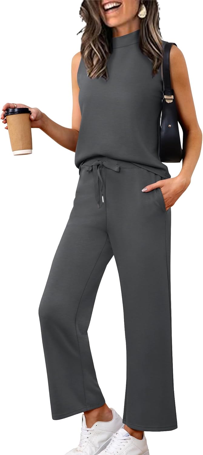 Women's Summer 2 Piece Outfits Mock Neck Tank Top & Pants Set