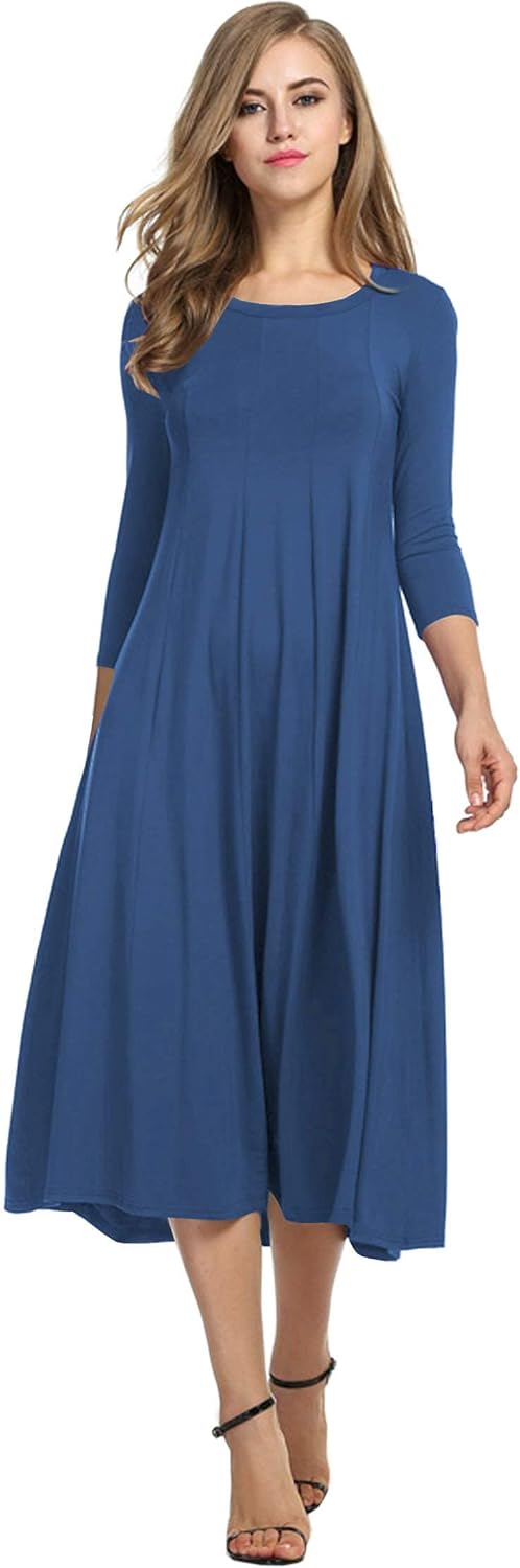 HOTOUCH Women's 3/4 Sleeve A-line Midi Long Dress for Elegance