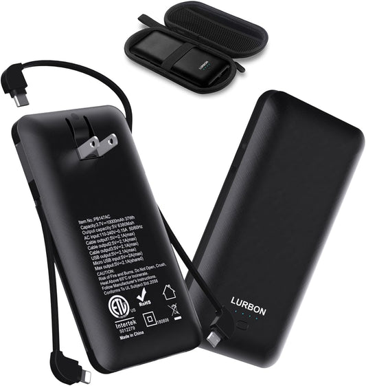 LURBON 10000mAh Slim Power Bank | Built-in AC Plug | 3-in-1 Cable