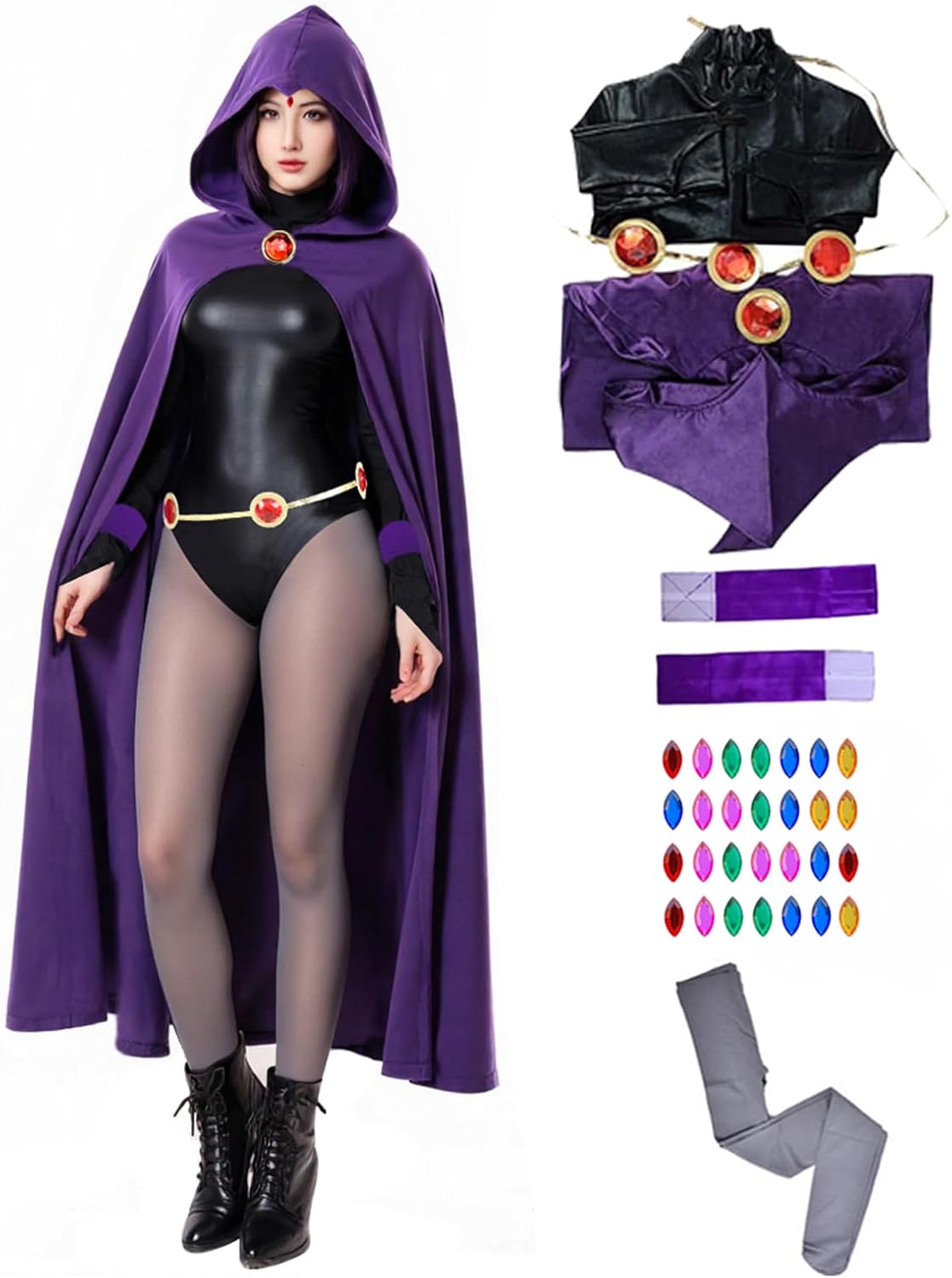 6PCS Raven Cosplay Costume for Women with Cape and Jumpsuit