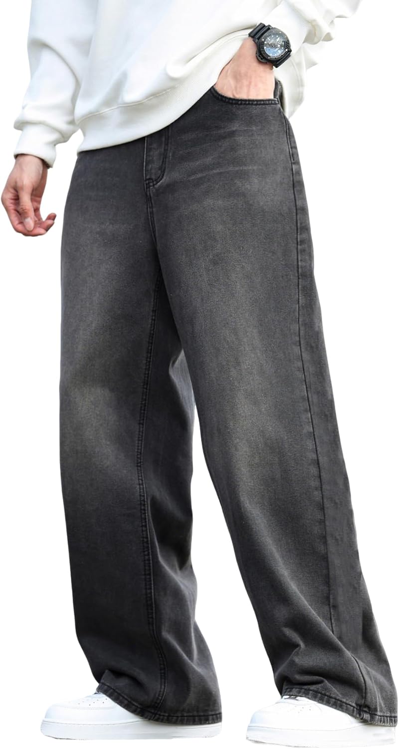 Mens Baggy Jeans Distressed Wide Leg Denim Pants for Streetwear