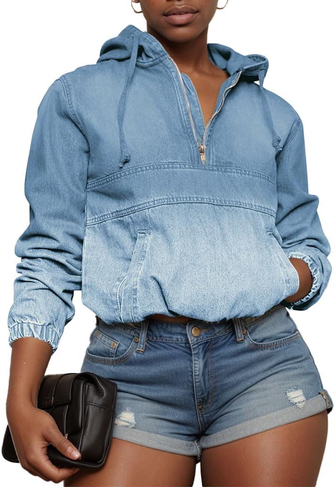 Women's Half Zip Denim Hoodie Pullover Jackets for Style