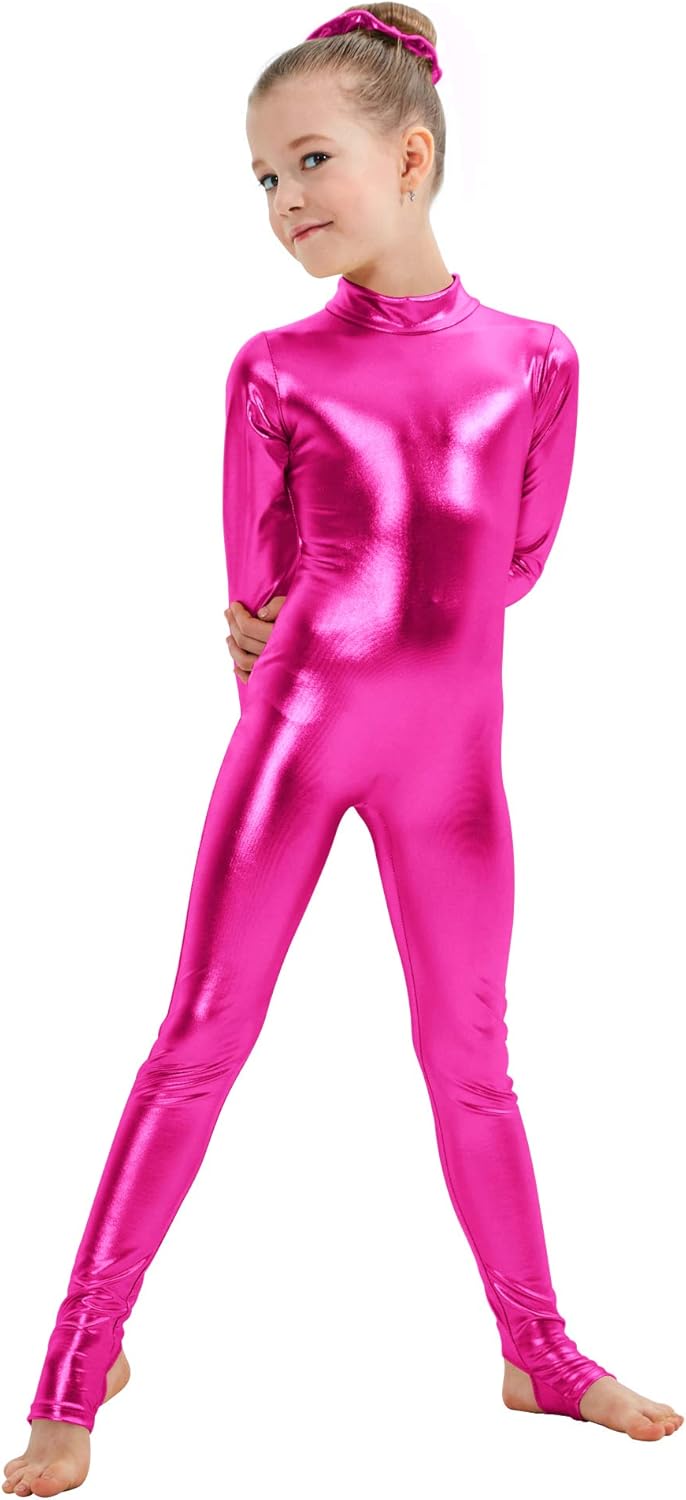 Kepblom Girls Shiny Metallic Mock Neck Unitard for Dance