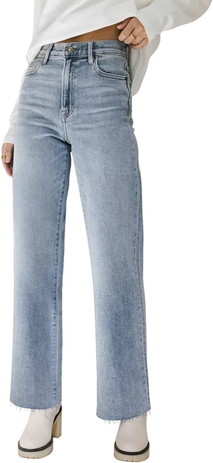 KDF High Waisted Straight Leg Jeans for Women with Raw Hem