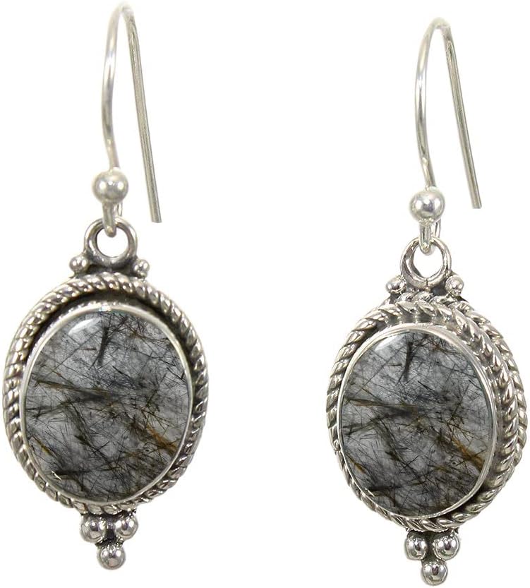 925 Sterling Silver Dangle Drop Earrings with Black Rutilated Quartz