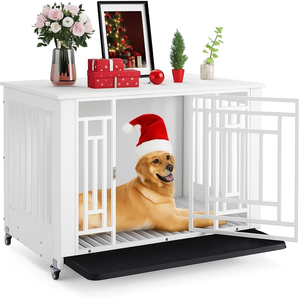 DWVO Dog Crate Furniture with Wheels for Large Medium Dogs
