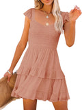 Women Summer Dresses Casual Boho Smocked Ruffle Beach Mini Dress
