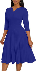 CLOCOR Midi Dress for Women - Pleated 3/4 Sleeve V Neck Midi Dress