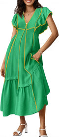 Wenrine Womens Summer V Neck Midi Dress - Flowy Contrast Midi Dress