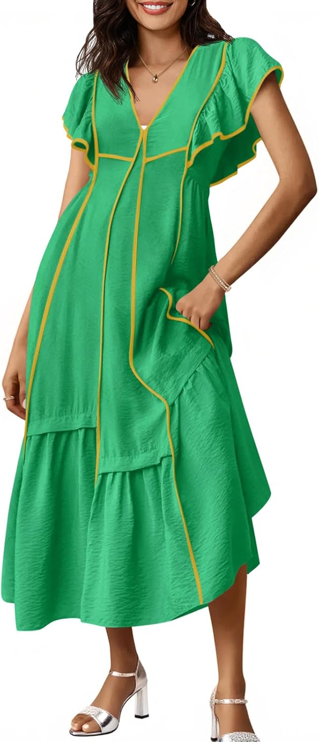 Wenrine Womens Summer V Neck Midi Dress with Ruffle Sleeves