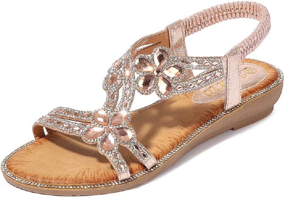 Yicornchen Women's T-Strap Beaded Flower Rhinestone Sandals