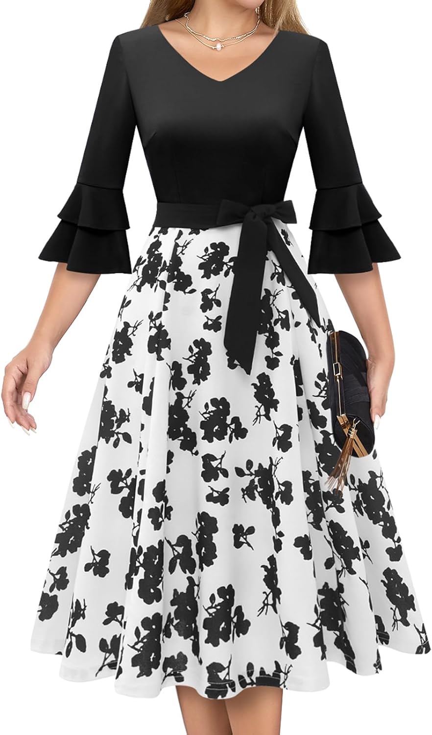 Vintage V-Neck Long Bell Half Sleeves Cocktail Dress for Women