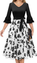 Womens Cocktail Dress Vintage V-Neck Mid Calf A-Line - Timeless Fit