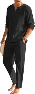 Cotton Linen Men's 2-Piece Henley Set - Lightweight Summer Outfit