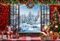 Christmas Window Backdrop 10x8ft - Festive Red Curtains Snow Scene