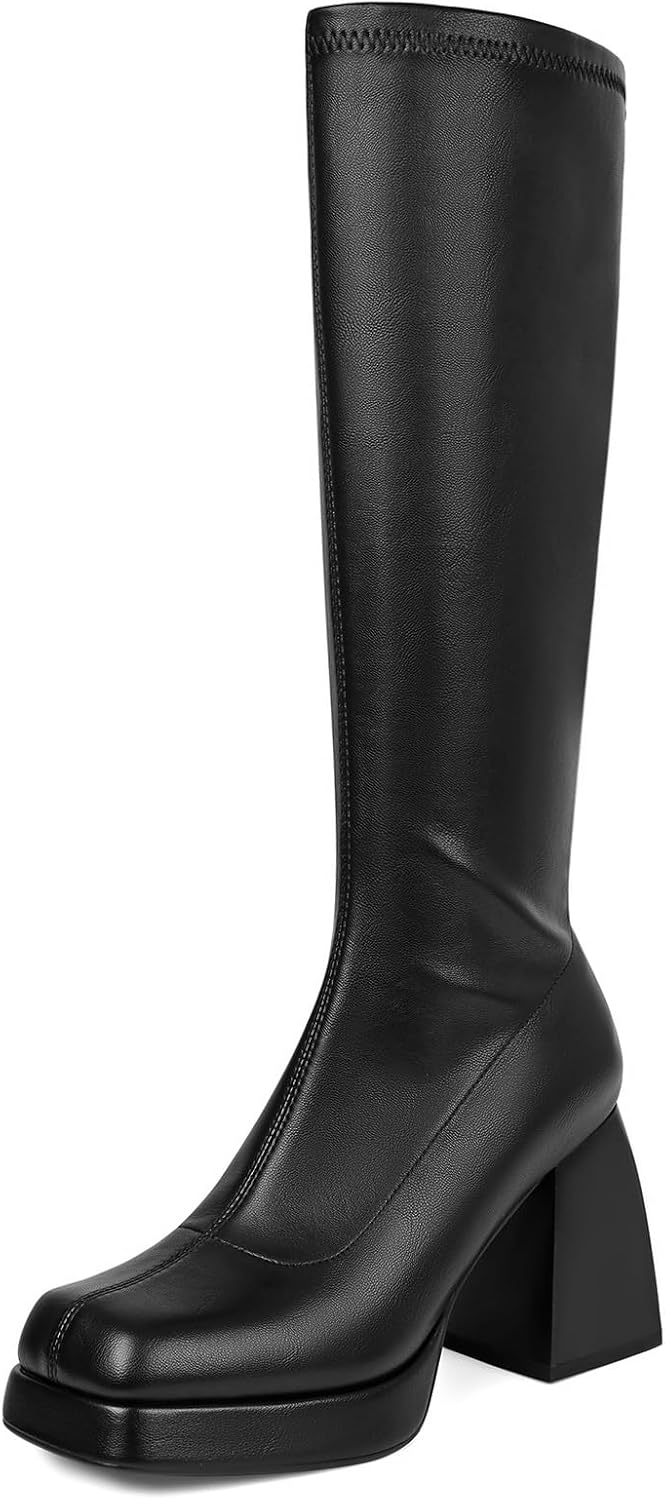 SOVANYOU Black Leather Platform Boots for Women with Chunky Heels