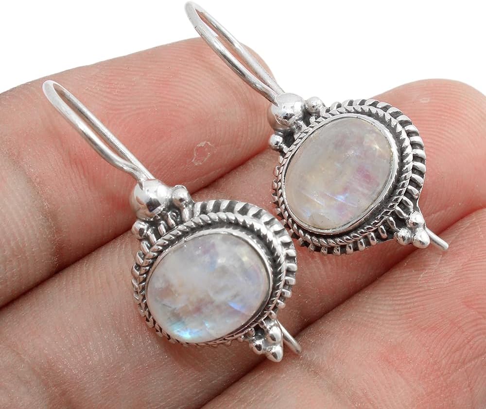 Solid 925 Sterling Silver Dangling Earrings with Moonstone Beauty