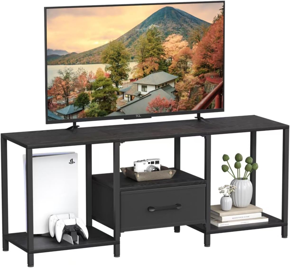 Industrial Style TV Stand with Fabric Drawer for 55 Inch TV