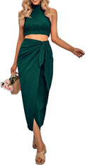 CFLONGE Women's 2 Piece Halter Crop Top and Draped Skirt Set