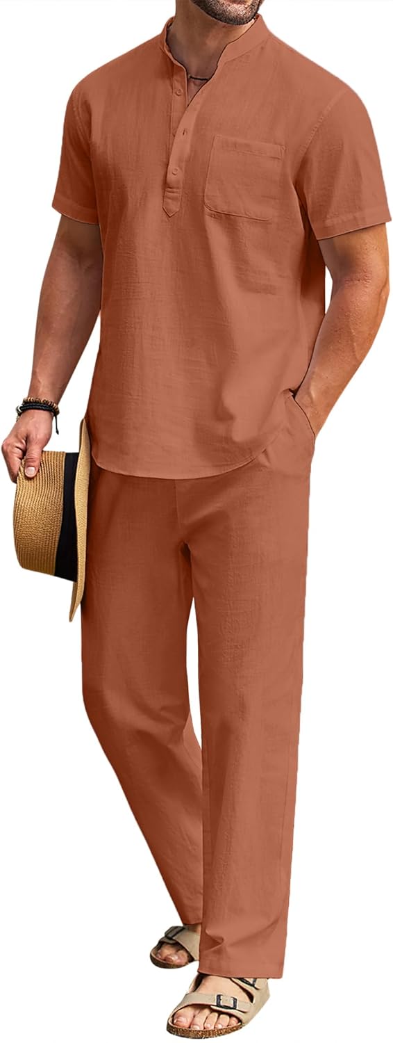 COOFANDY Men's 2 Piece Cotton Linen Set for Summer Outfits