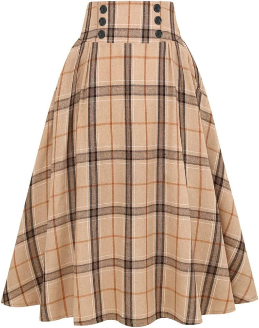 Plaid Skirt for Women High Waist Aline Pleated Midi Skirts
