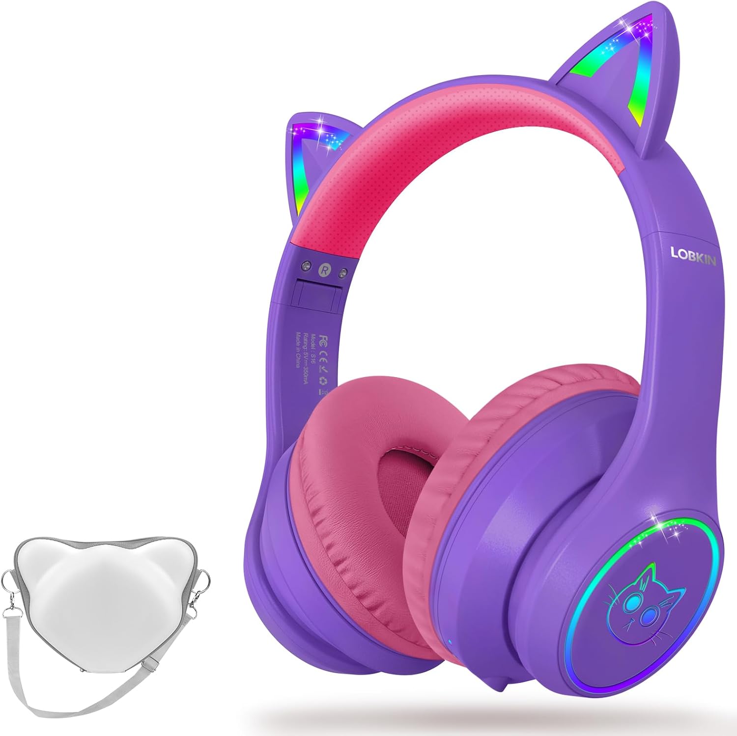 LOBKIN Bluetooth 5.4 Kids Headphones with RGB LED Cat Ears