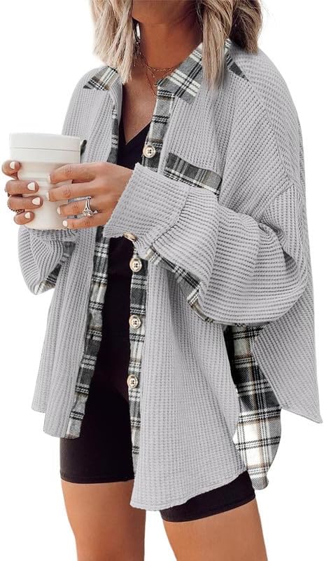 SHEWIN Womens Waffle Knit Plaid Shacket for Stylish Comfort