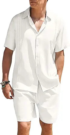 COOFANDY Men 2 Piece Linen Set Beach Guayabera Outfit Review