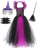 Girls Witch Dress Costume with Hat, Bat Sleeves and Broom - Cute