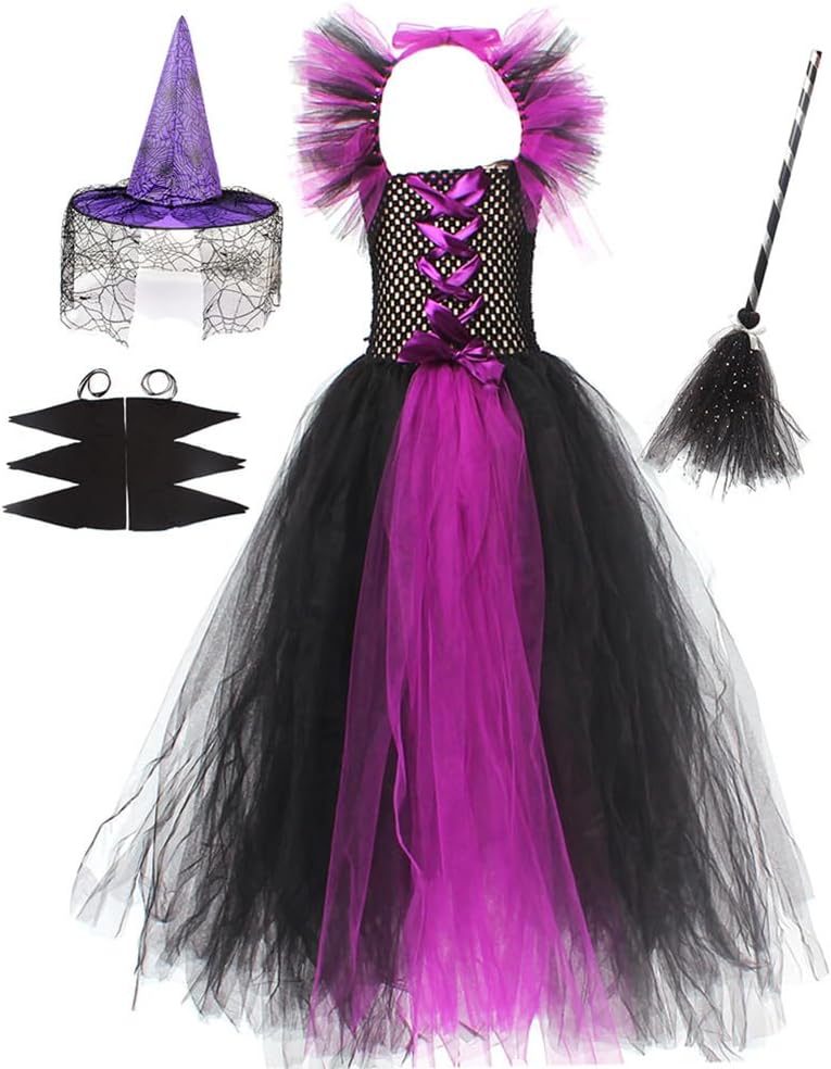 IBAKOM Girls' Bat Sleeve Witch Hat Broom Scary Witch Dress