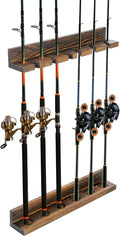 Wall Mounted Rustic Solid Wood Fishing Pole Hanger - Holds 6 Rods