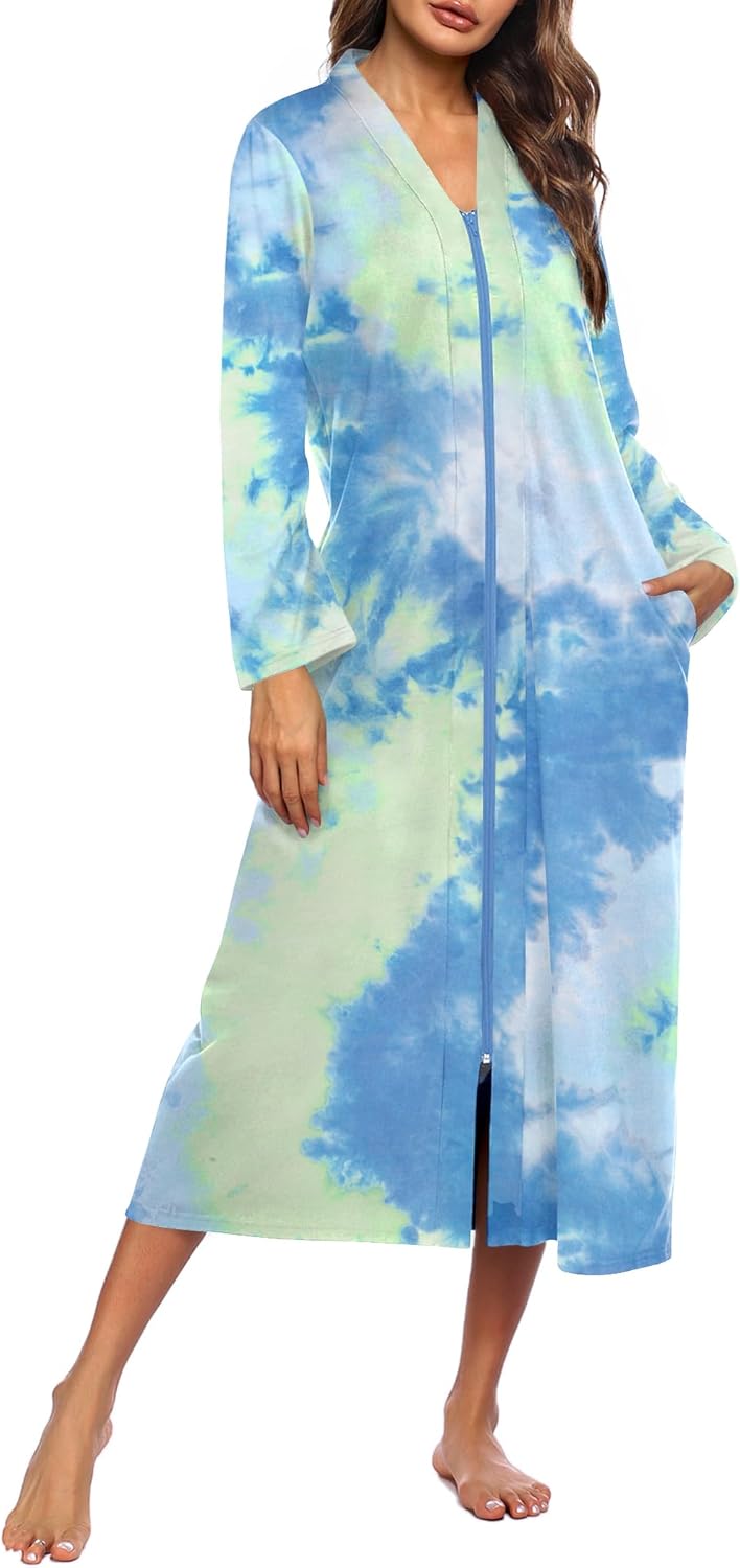 Ekouaer Women Zipper Robe Long Sleeve Lightweight Housecoat