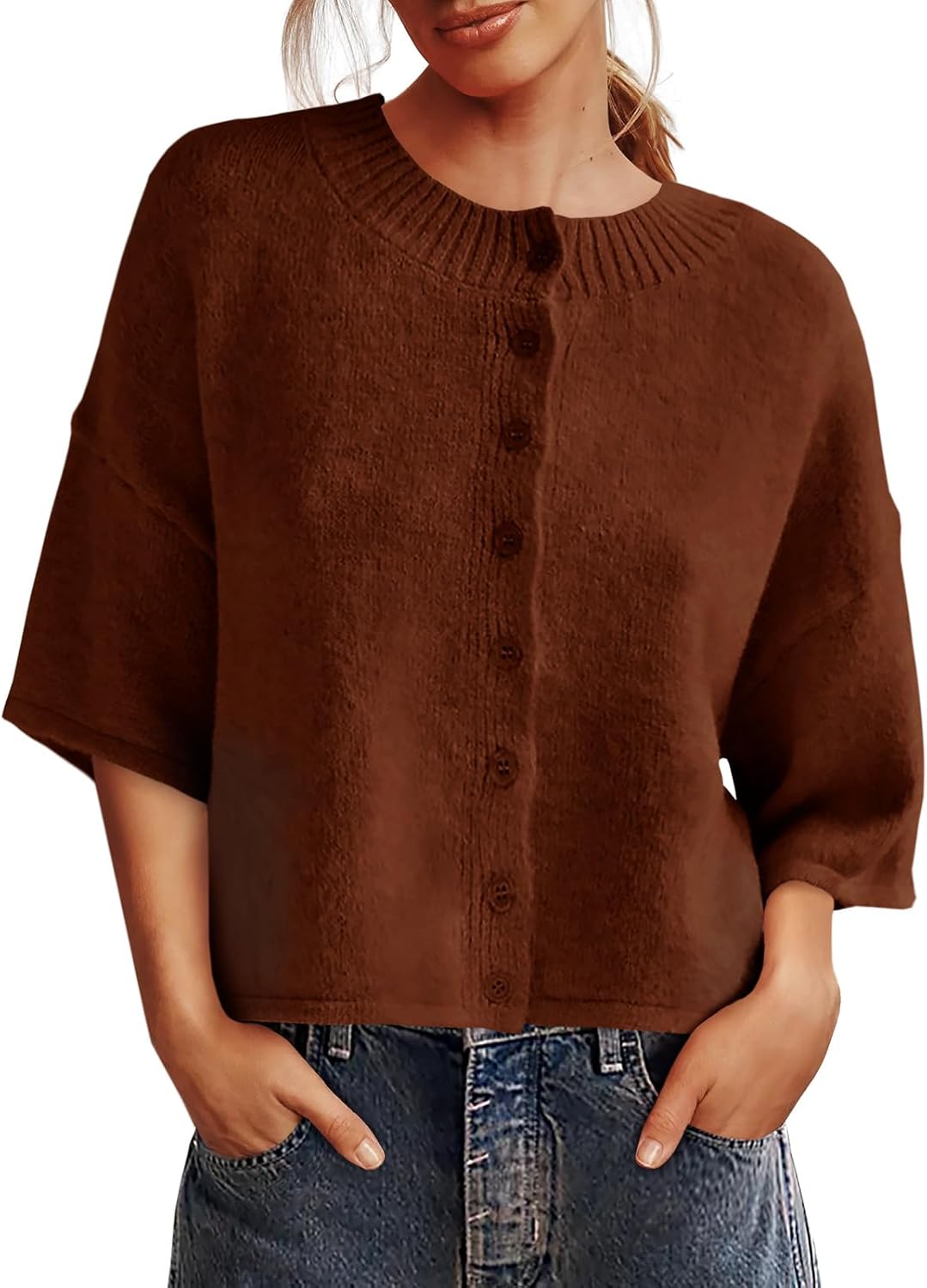 Womens 3/4 Sleeve Cardigan Sweater for Casual Fall Style