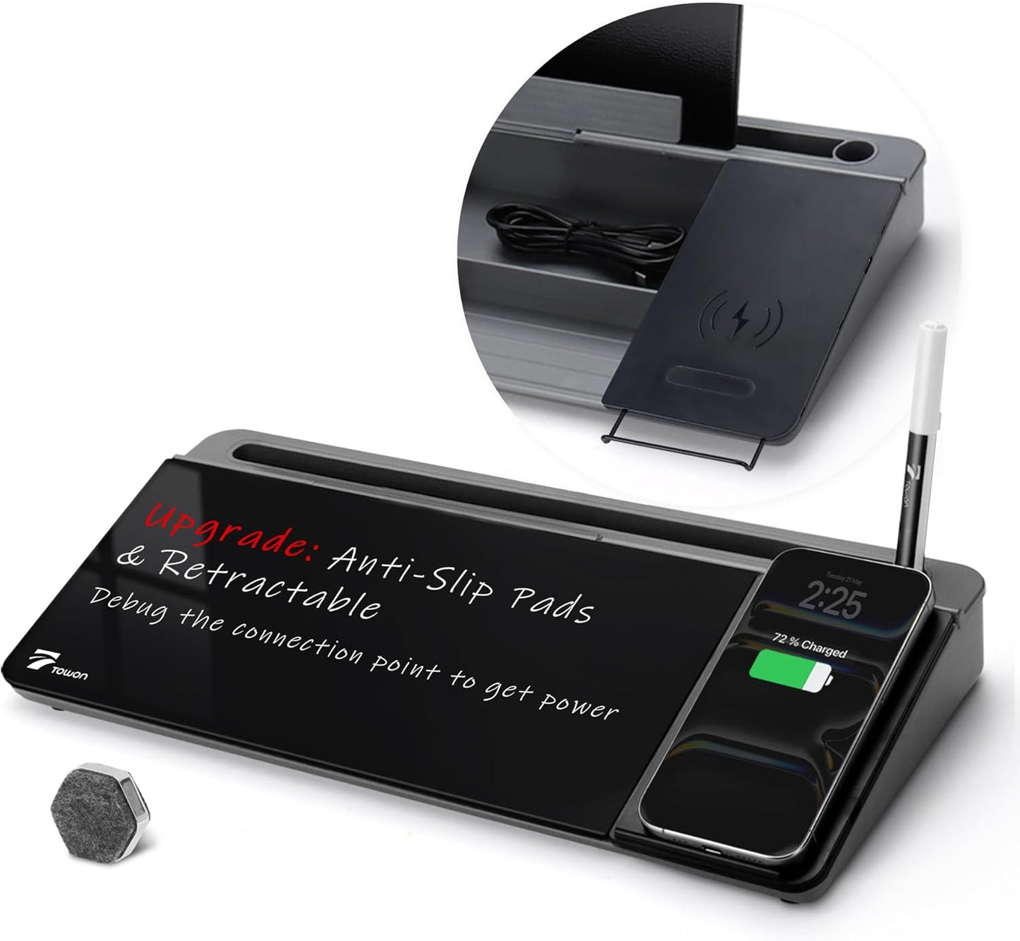 TOWON Black Desk Dry Erase Board with Charger Pad for Home Office