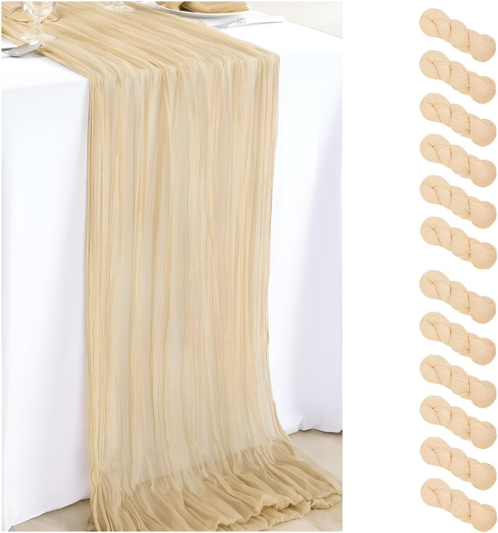 12Pcs Shallow Khaki Cheesecloth Table Runner for Elegant Decor