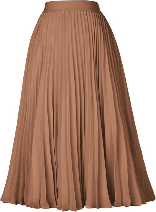High Elastic Waist Pleated Chiffon Midi Swing Skirt for Women
