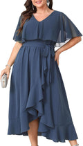 Women Plus Size Long Formal Dress Short Sleeve Chiffon Ruffle V Neck