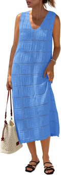 Womens Crochet Sleeveless Midi Beach Dress - Breathable Boho Cover Up